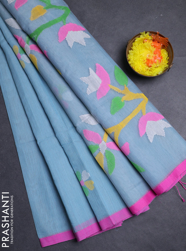 Teal Blue & Pink Jamdani Silk Cotton Saree
