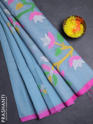 Teal Blue & Pink Jamdani Silk Cotton Saree