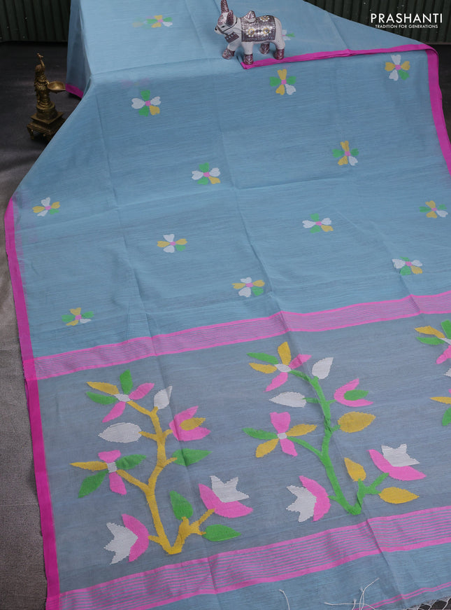 Teal Blue & Pink Jamdani Silk Cotton Saree
