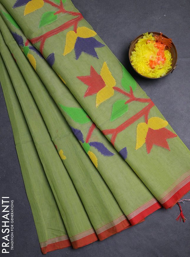 Green & Red Jamdani Silk Cotton Saree
