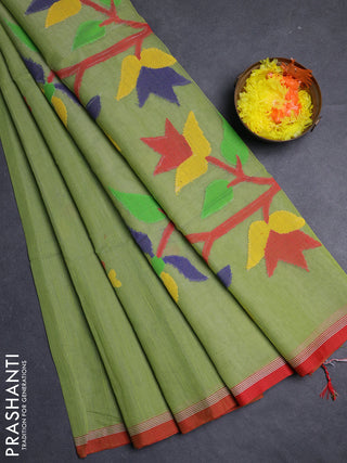 Green & Red Jamdani Silk Cotton Saree