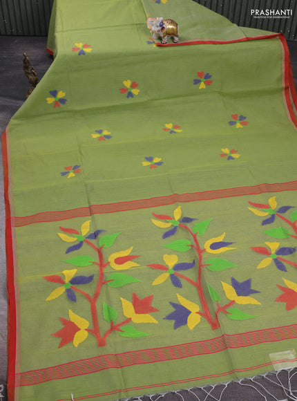 Green & Red Jamdani Silk Cotton Saree