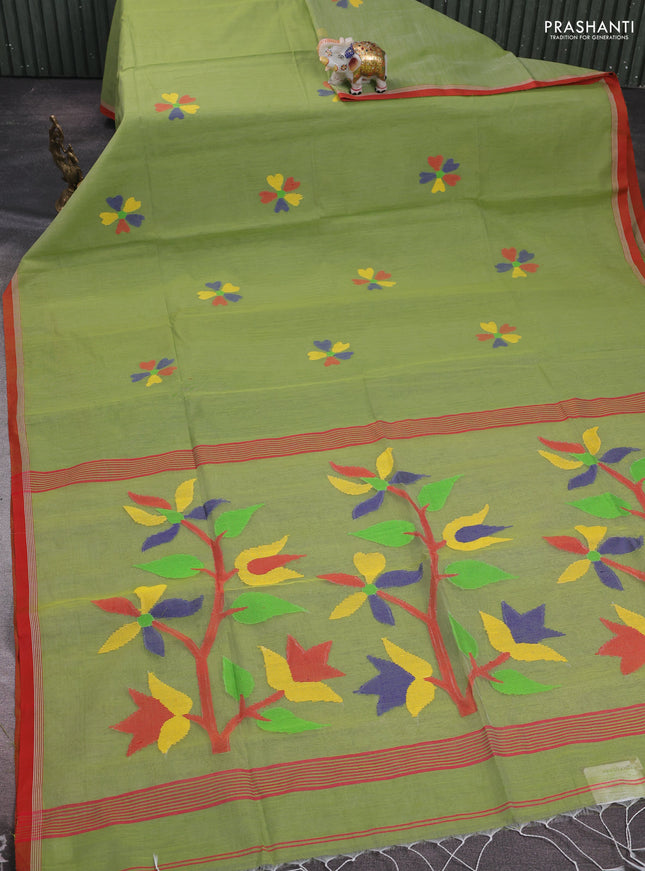 Green & Red Jamdani Silk Cotton Saree