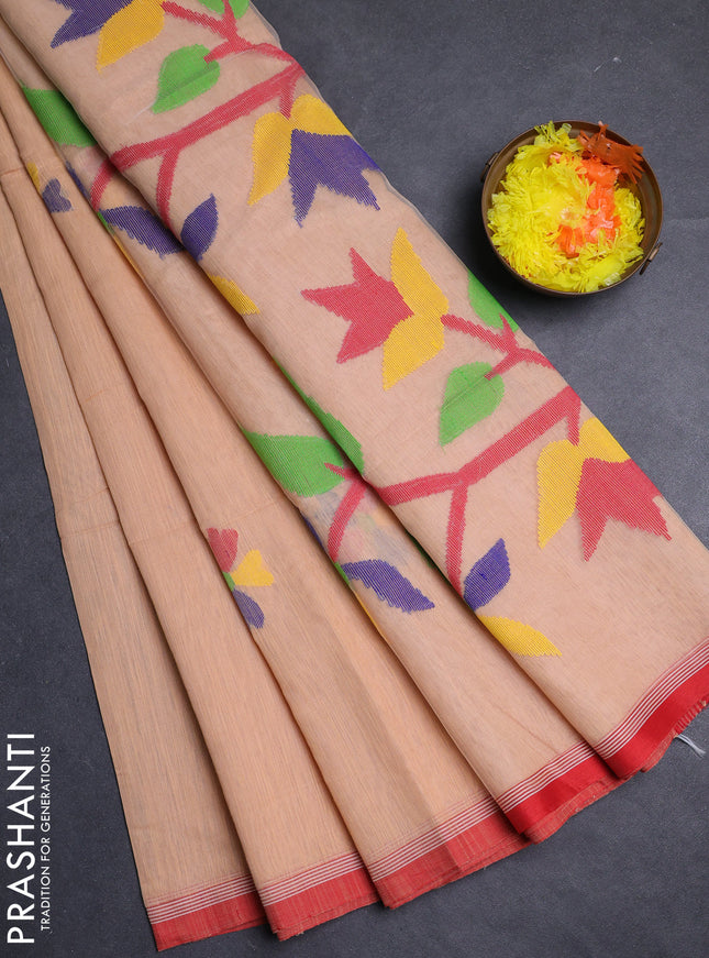 Sandal & Red Jamdani Silk Cotton Saree