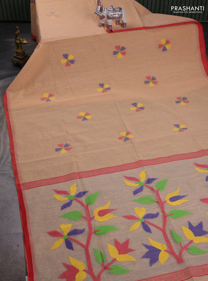 Sandal & Red Jamdani Silk Cotton Saree
