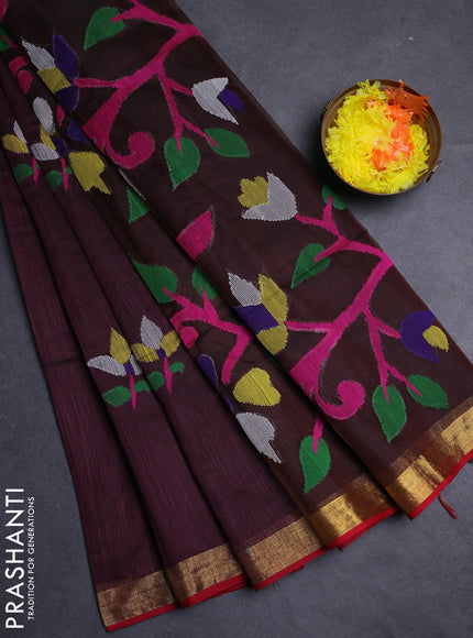 Wine & Red Jamdani Silk Cotton Saree