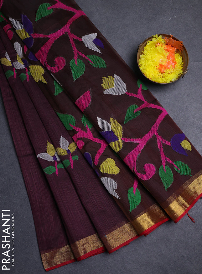 Wine & Red Jamdani Silk Cotton Saree