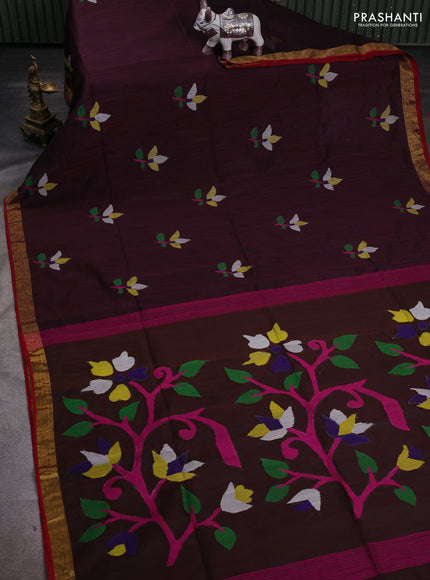 Wine & Red Jamdani Silk Cotton Saree