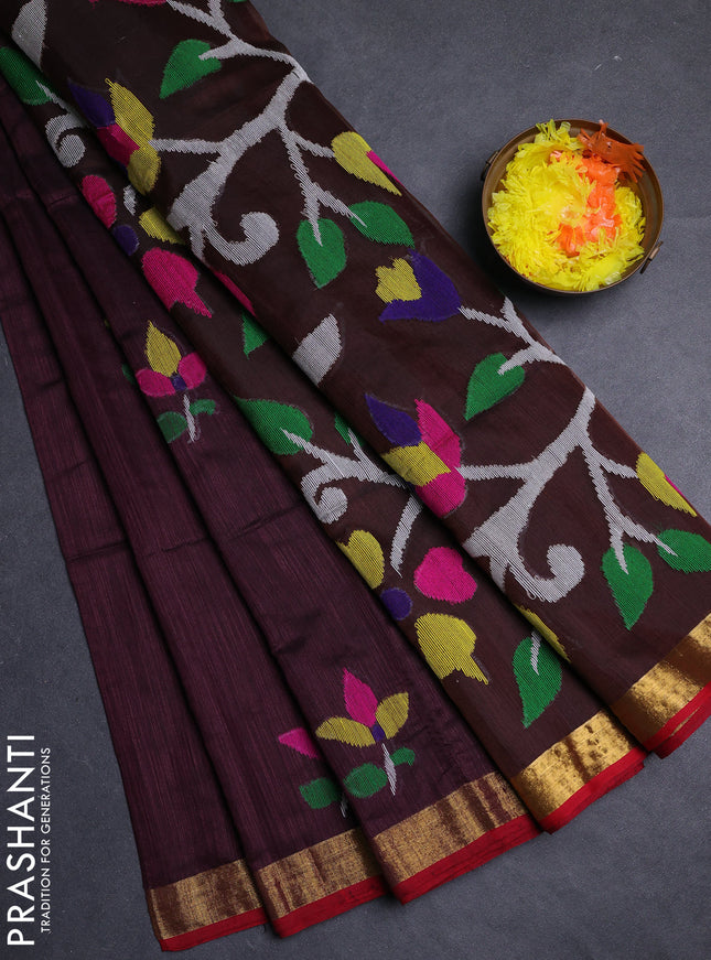 Wine & Red Jamdani Silk Cotton Saree