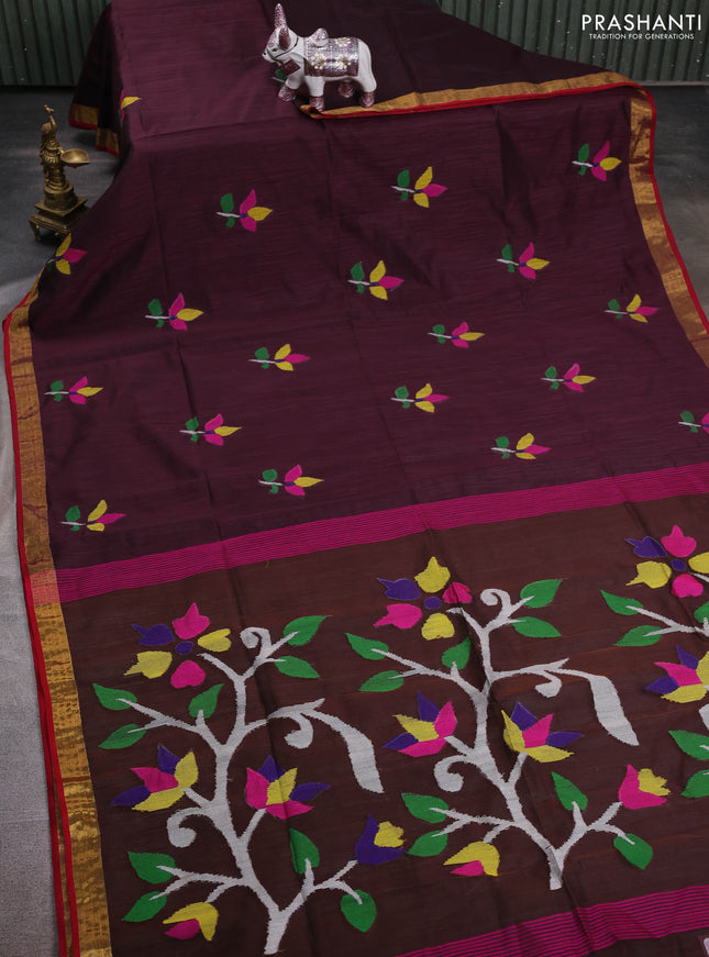 Wine & Red Jamdani Silk Cotton Saree