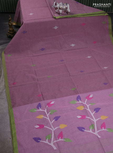 Mauve Pink & Green Jamdani Silk Cotton Saree