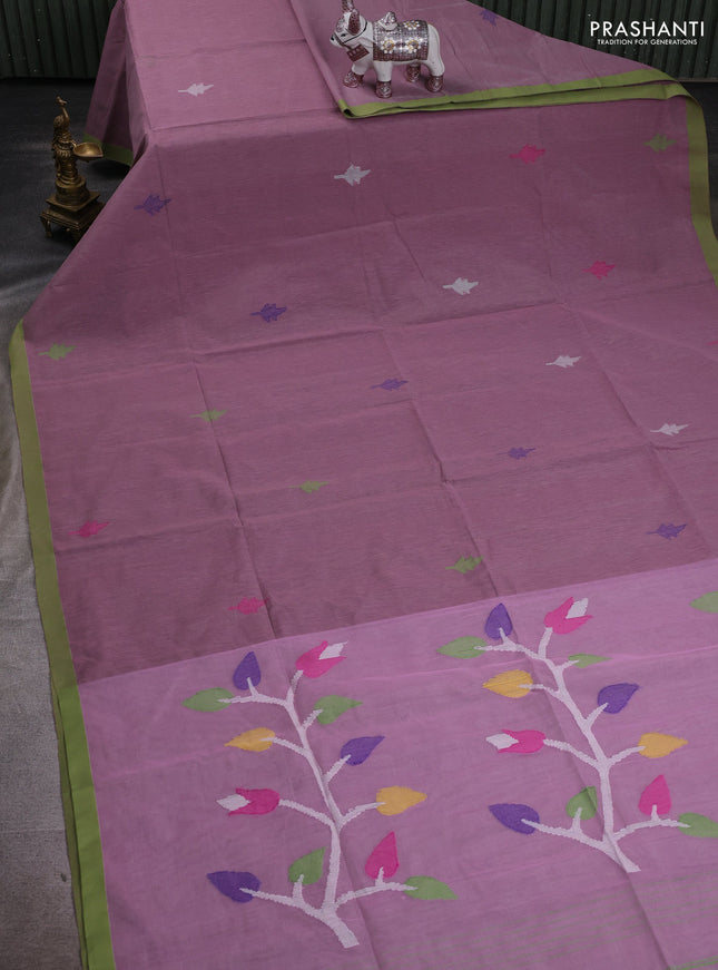 Mauve Pink & Green Jamdani Silk Cotton Saree