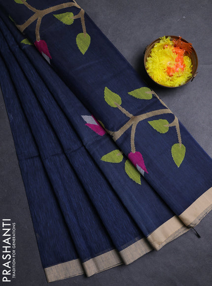 Peacock Blue & Beige Jamdani Silk Cotton Saree