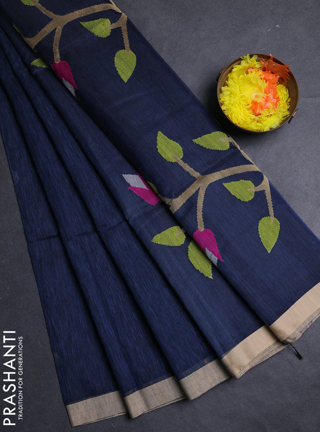 Peacock Blue & Beige Jamdani Silk Cotton Saree