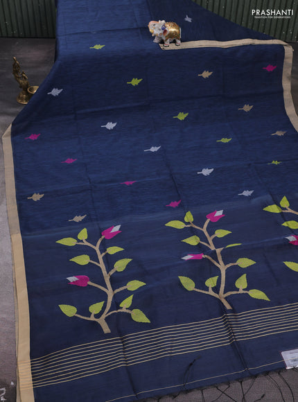 Peacock Blue & Beige Jamdani Silk Cotton Saree