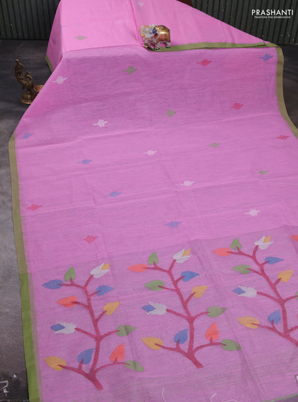 Pink & Green Jamdani Silk Cotton Saree