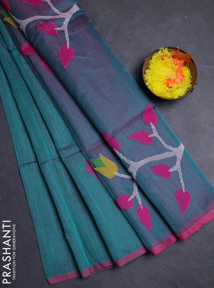 Teal Green & Pink Jamdani Silk Cotton Saree