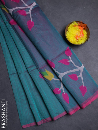 Teal Green & Pink Jamdani Silk Cotton Saree