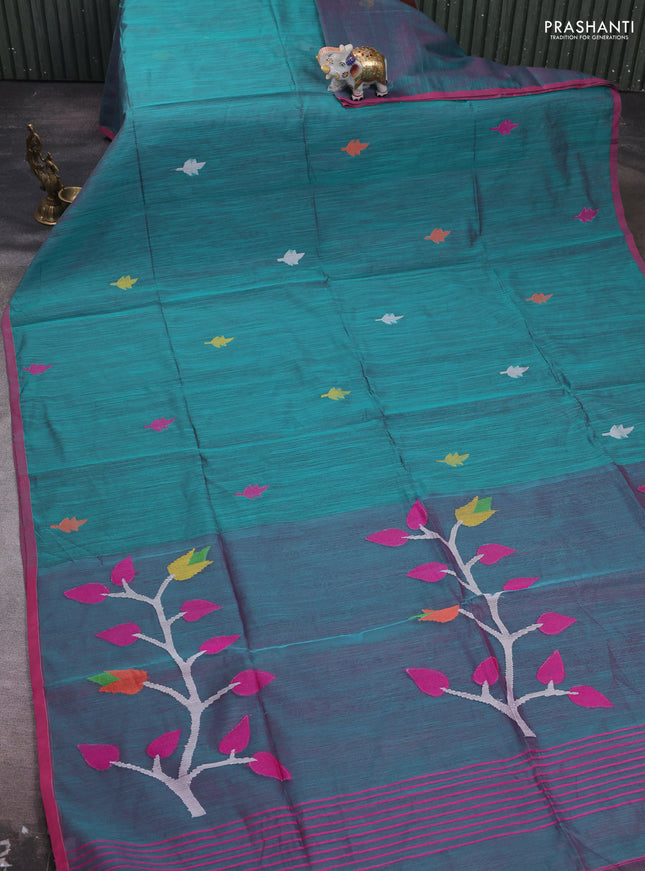 Teal Green & Pink Jamdani Silk Cotton Saree