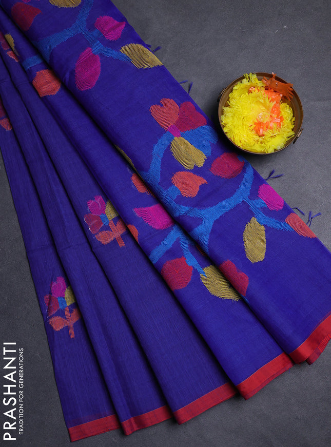 Blue & Red Jamdani Silk Cotton Saree