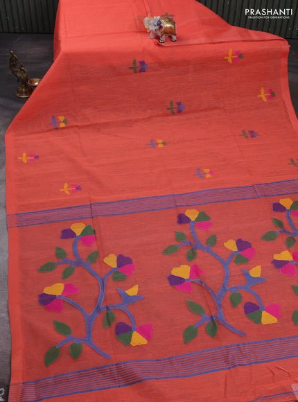 Peach Orange Jamdani Silk Cotton Saree