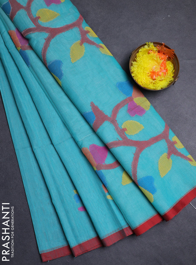 Teal Green & Red Jamdani Silk Cotton Saree