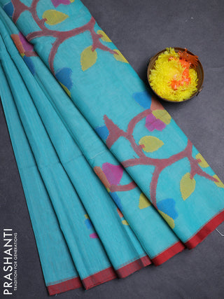 Teal Green & Red Jamdani Silk Cotton Saree
