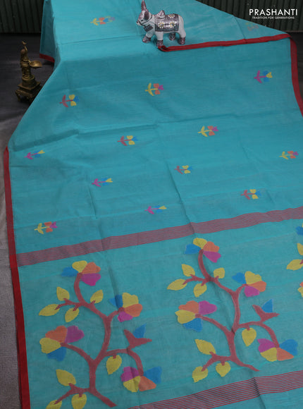 Teal Green & Red Jamdani Silk Cotton Saree