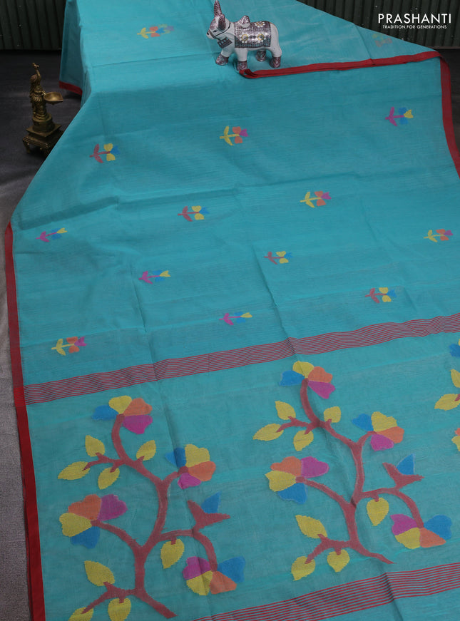 Teal Green & Red Jamdani Silk Cotton Saree