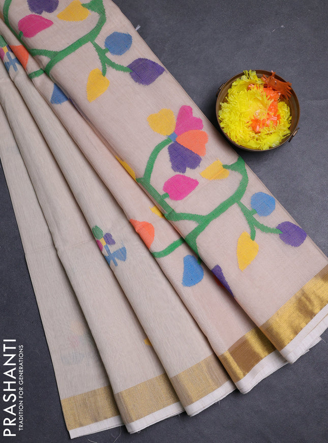 Beige Jamdani Silk Cotton Saree