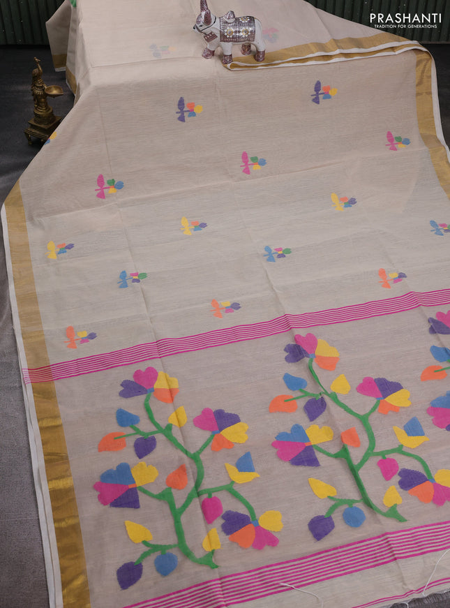 Beige Jamdani Silk Cotton Saree