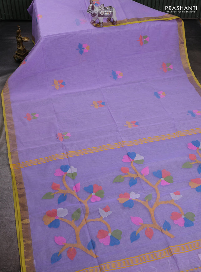 Lavender & Lime Yellow Jamdani Silk Cotton Saree