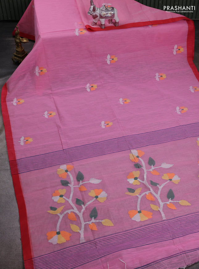 Pink & Red Jamdani Silk Cotton Saree