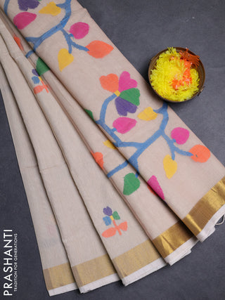 Beige Jamdani Silk Cotton Saree