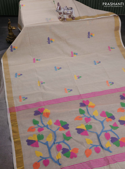 Beige Jamdani Silk Cotton Saree