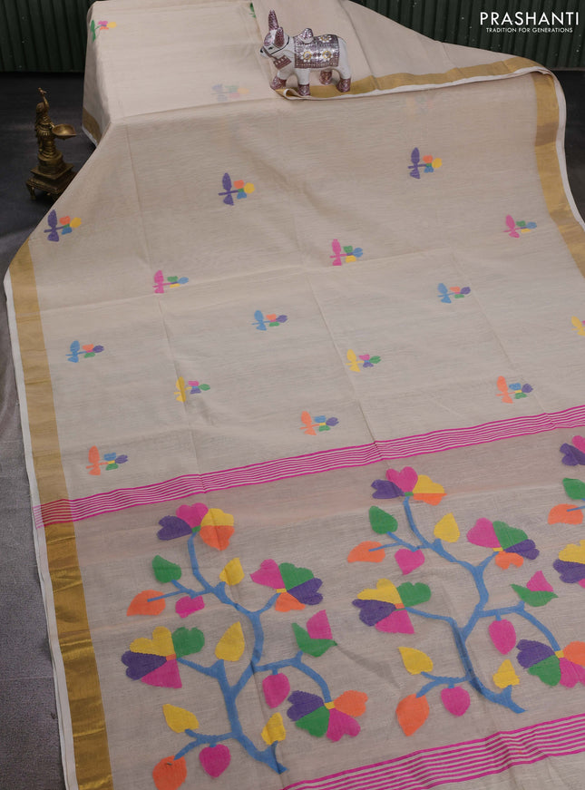 Beige Jamdani Silk Cotton Saree