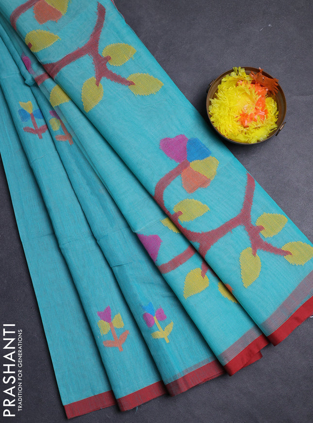 Teal Green & Red Jamdani Silk Cotton Saree