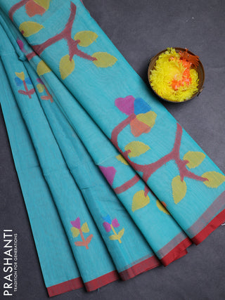 Teal Green & Red Jamdani Silk Cotton Saree