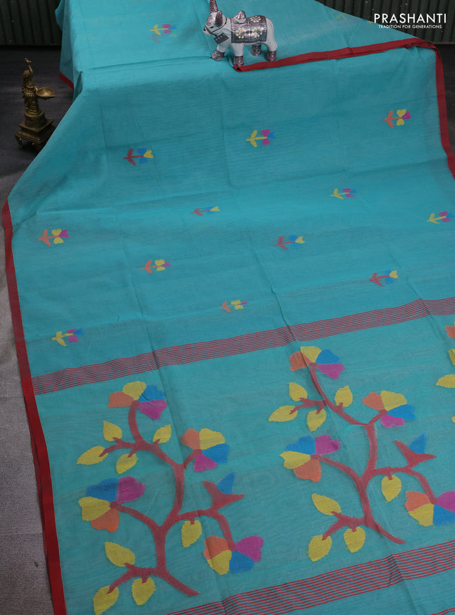 Teal Green & Red Jamdani Silk Cotton Saree
