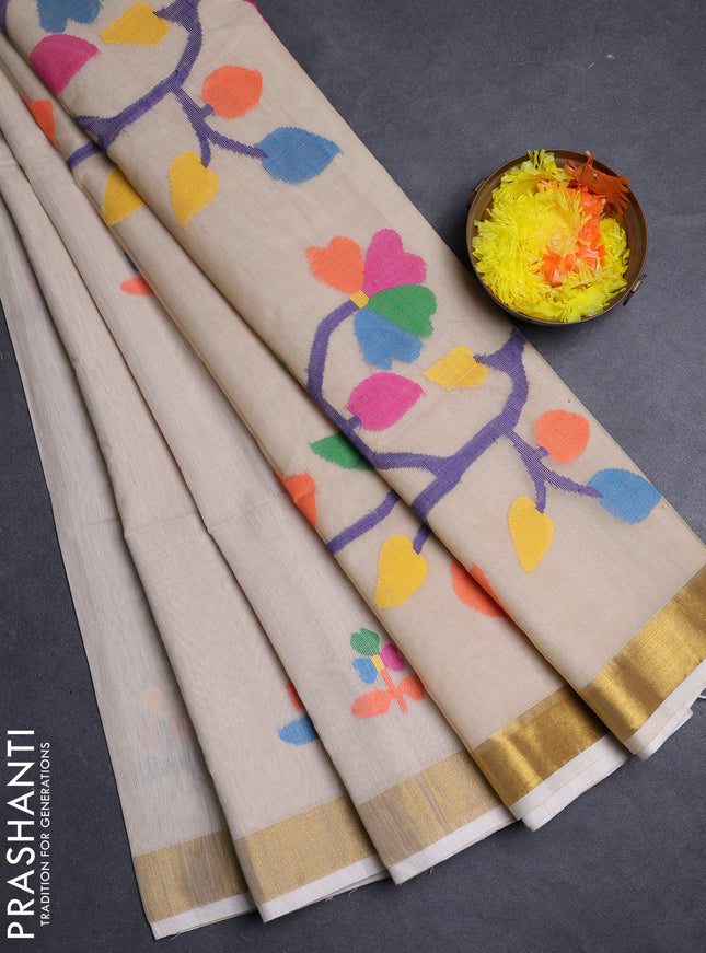 Beige Jamdani Silk Cotton Saree