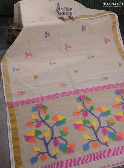 Beige Jamdani Silk Cotton Saree