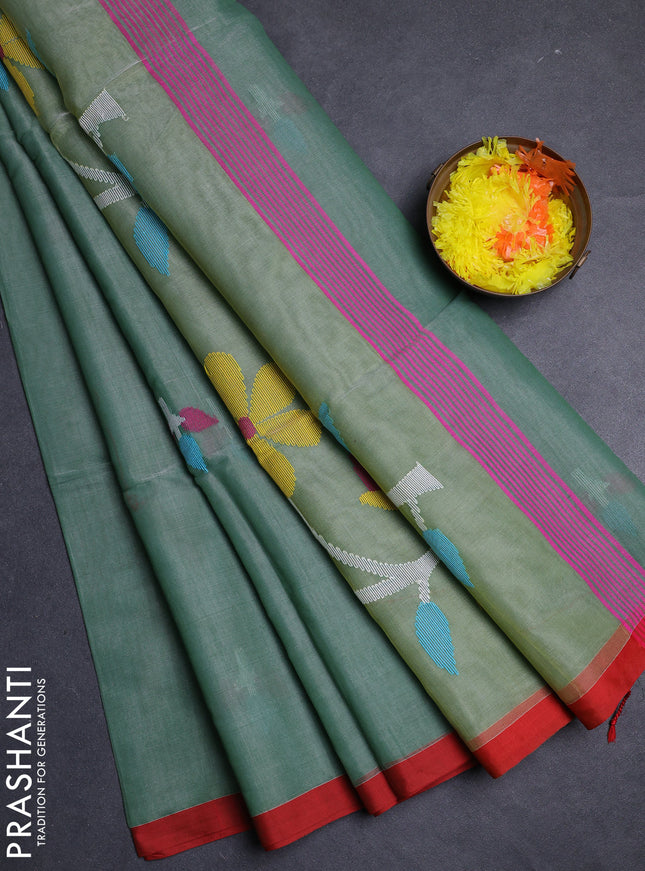 Green & Red Jamdani Silk Cotton Saree