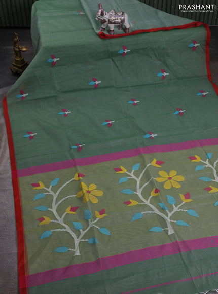 Green & Red Jamdani Silk Cotton Saree