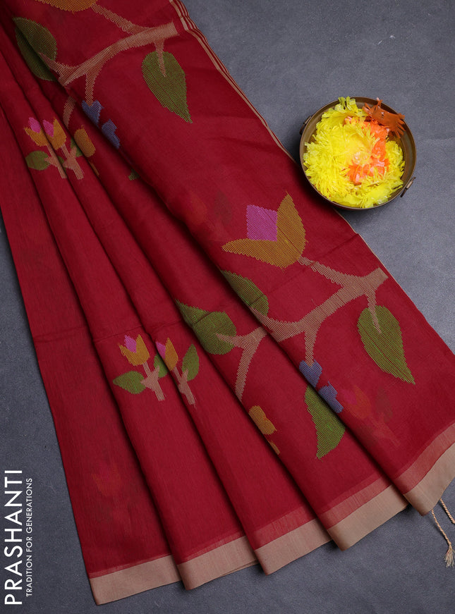 Red & Beige Jamdani Silk Cotton Saree