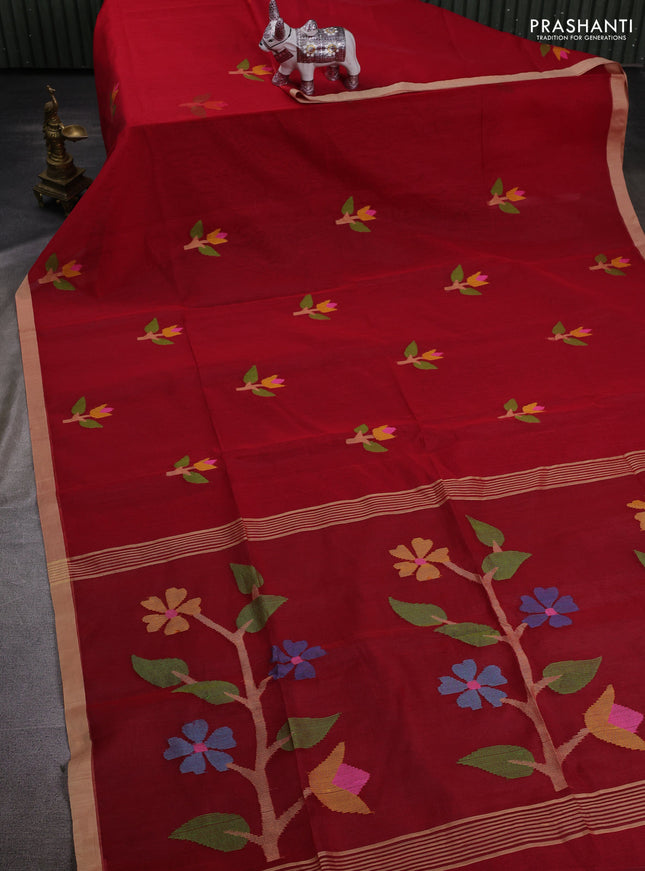 Red & Beige Jamdani Silk Cotton Saree
