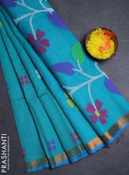 Teal Blue & Cs Blue Jamdani Silk Cotton Saree