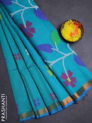Teal Blue & Cs Blue Jamdani Silk Cotton Saree
