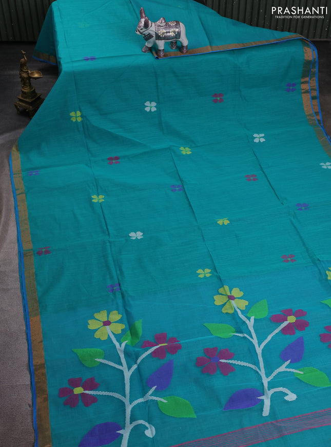 Teal Blue & Cs Blue Jamdani Silk Cotton Saree