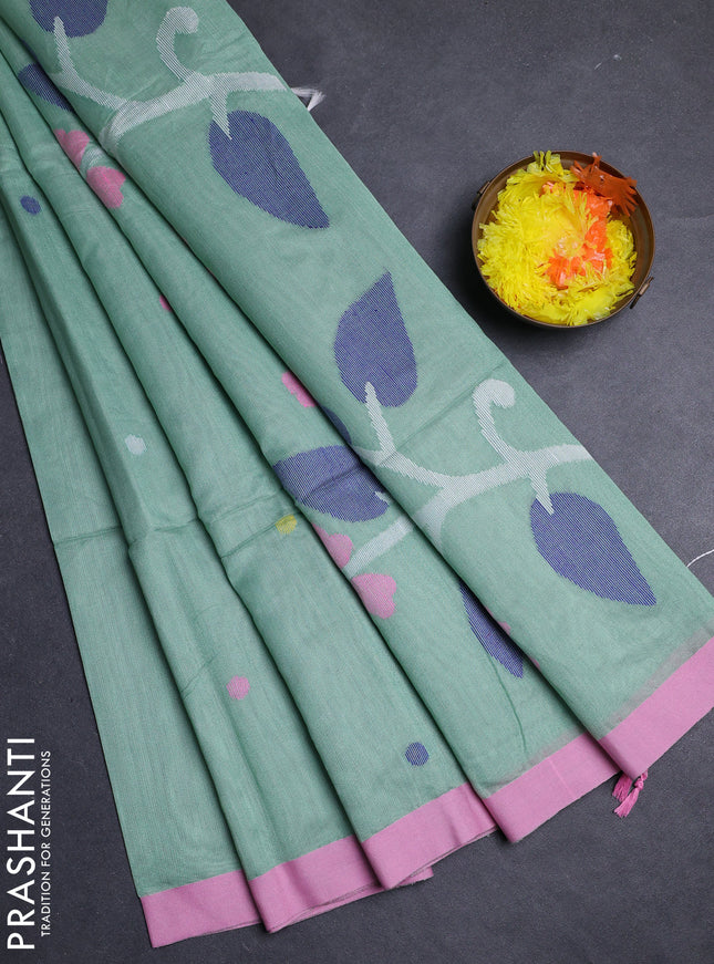 Pastel Green & Pink Jamdani Silk Cotton Saree
