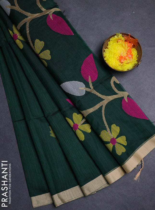 Bottle Green & Beige Jamdani Silk Cotton Saree